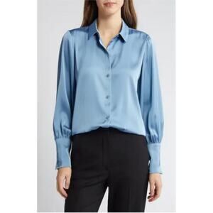 Halogen Solid Button-Up Shirt Women's Medium Blue Long Sleeve Business Career
